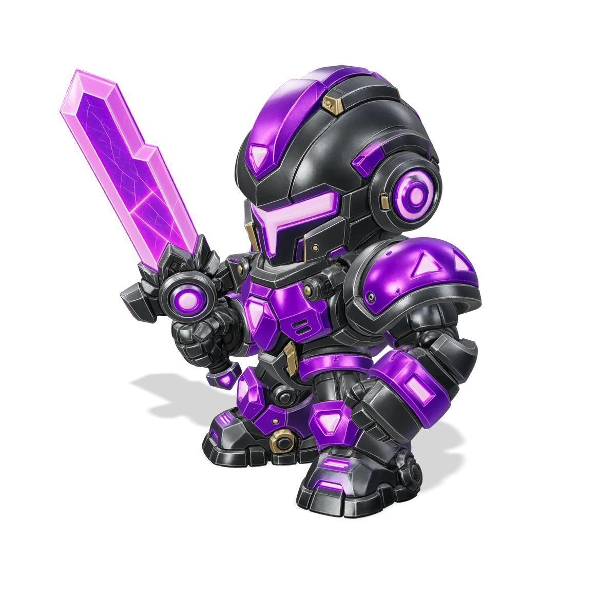 Amethyst Mechblade: a chunky purple and black robot holding a crystal sword