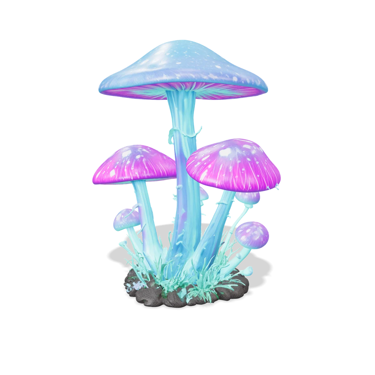 Bioluminescent Mushrooms: a cluster of glowing blue and violet mushrooms on a crystal base