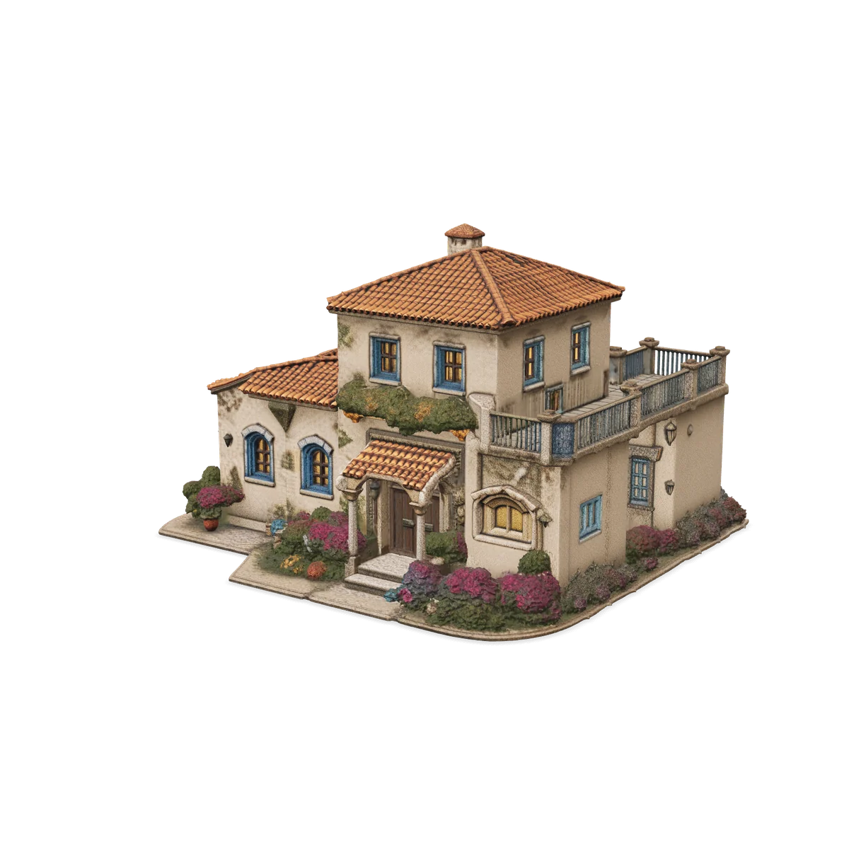 Mediterranean Villa: a two-storey villa with terracotta roofs and flower beds