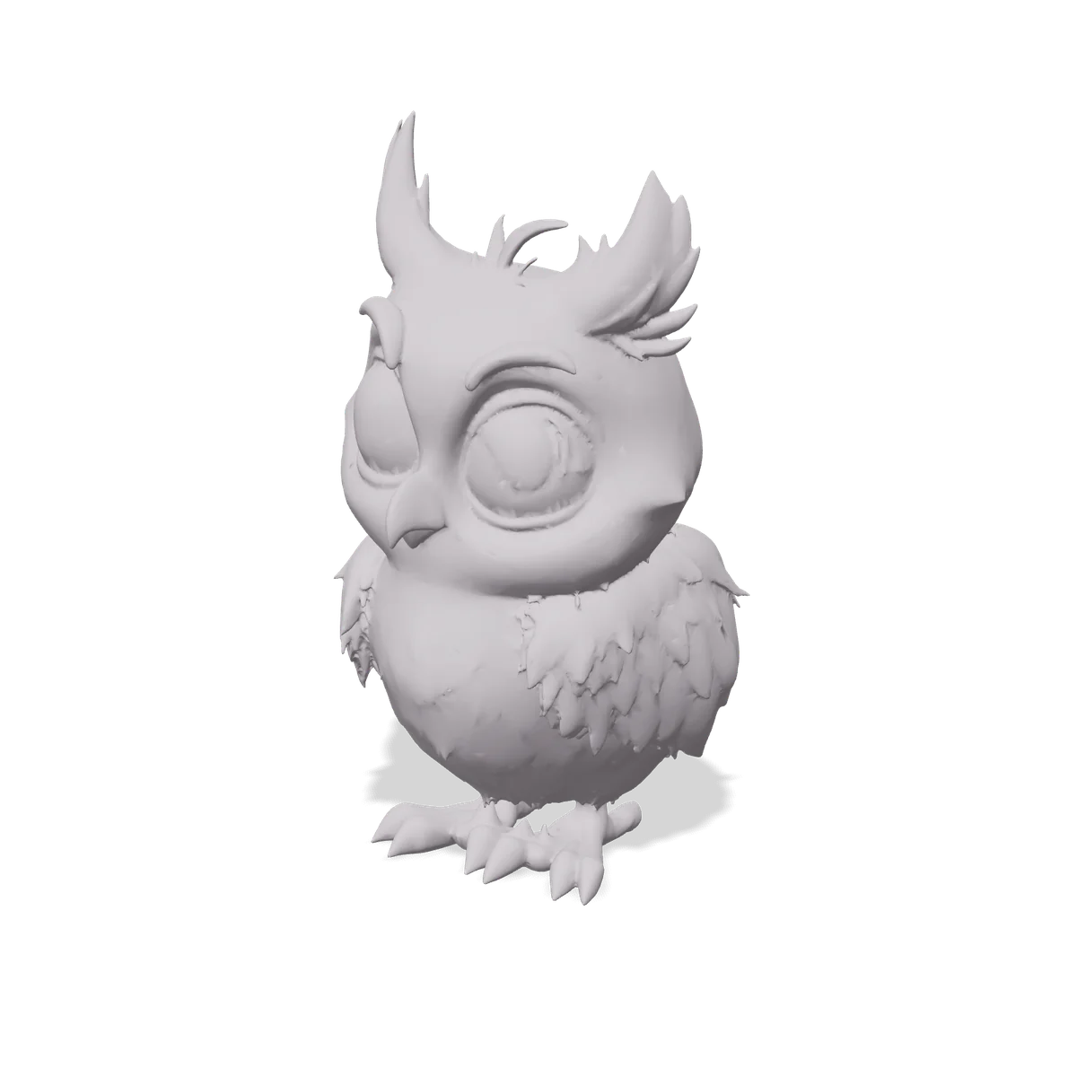 Untextured grey preview mesh of a round baby owl