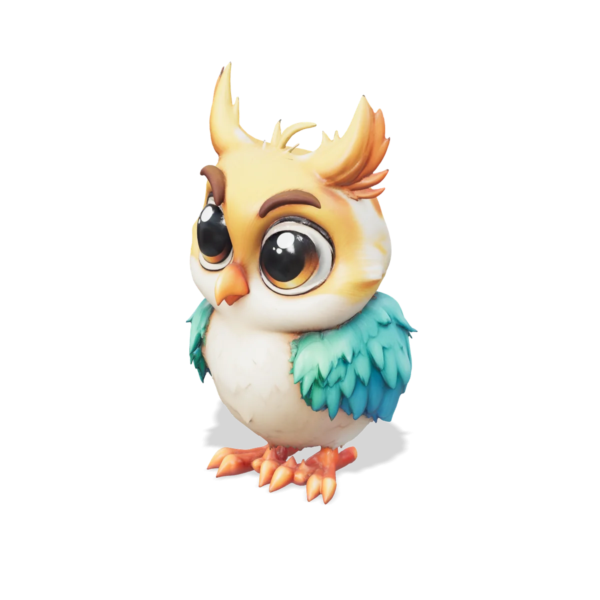 Refined baby owl with cream and yellow feathers, amber eyes and teal wings