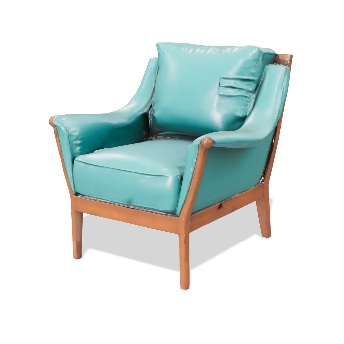 Teal Armchair: a mid-century armchair with teal leather upholstery and a wooden frame
