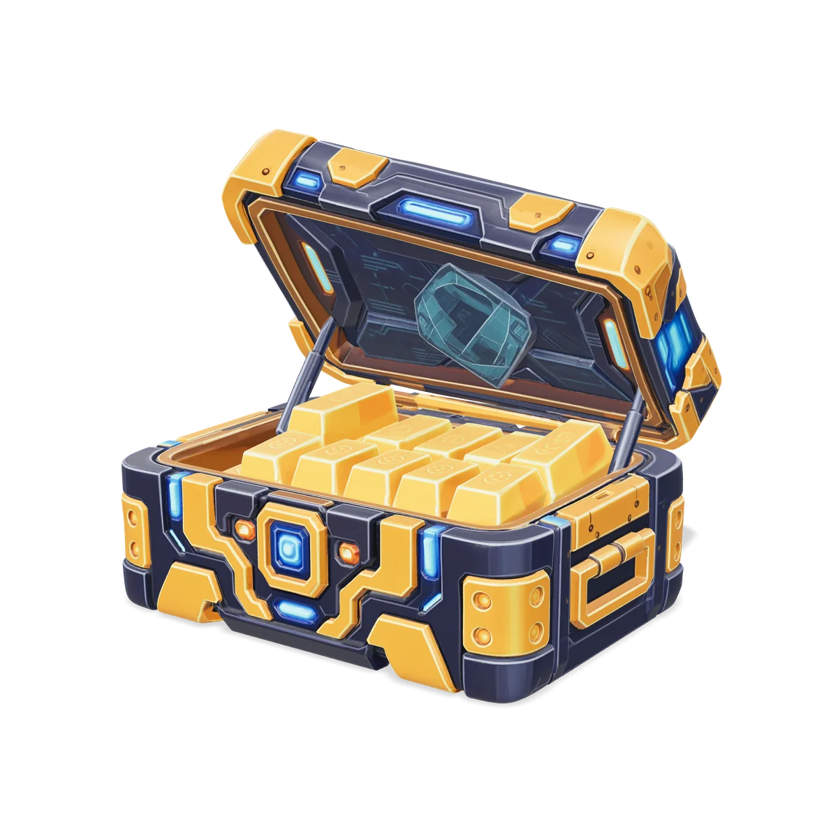 Vault Chest: an open sci-fi chest in navy and gold, filled with gold bars